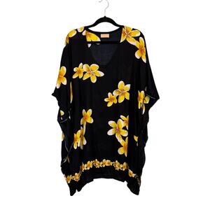 Bermuda Trader Swimwear Cover Up Kaftan Dress OS Navy Plumeria Floral Swim Beach